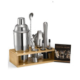 Cocktail Shaker Set, 10-Piece Stainless Steel Bar Tools with Bamboo Stand, Martini Bartender Kit Accessories | Mixer Spoon, Muddler, Jigger, Strainer, Liquor Pourers, Ice Tong, Corkscrew, Silver